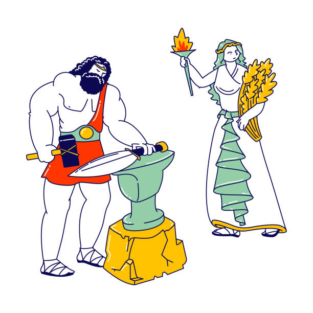 istock Olympic Gods Characters Hephaestus or Vulcan Patron of Fire and Blacksmiths. Goddess Demeter or Ceres Patroness of Fertility, Agriculture and Marriage in Greek Muths. Linear People Vector Illustration 1212582705