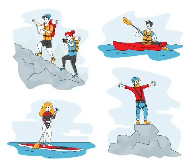 Vector illustration of Tourism Set, Male and Female Characters Climbing in Mountains. Kayaking, Sup Board Water Sport Recreation, Outdoor Alpinism and Hiking Activity. Active People Outdoors Fun. Linear Vector Illustration