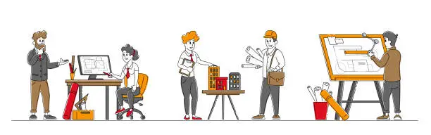 Vector illustration of Set of Architects and Engineer Characters Working on Project Painting Plan on Blueprint and Presenting House Mock Up. Building and Engineering Construction Works. Linear People Vector Illustration