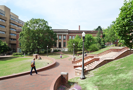 RALEIGH,NC/USA - 4-25-2019: Students walking on the campus of North Carolina State University in Raleigh NC