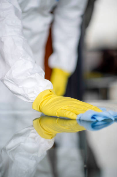 Covid-19 Wiping down surfaces. Woman with gloves and disinfectant wipe sanitizing the desk to prevent germs and bacteria infections stock photo