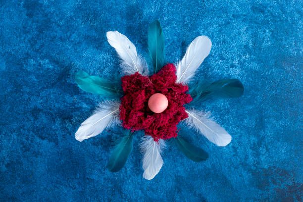 istock Decorative easter eggs in nest and feathers. Dark blue background. Holiday decorations, Easter concept background. 1212586658
