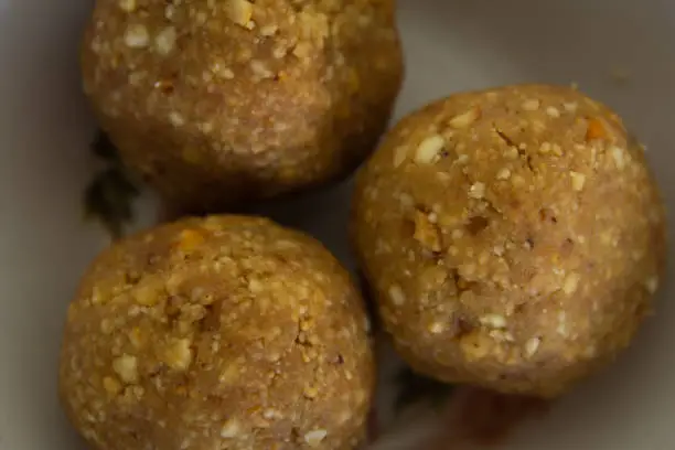 View of Peanut Jaggery balls which is a traditional south indian sweet. Peanut ladoo sweet.