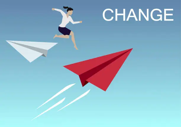 Vector illustration of Businesswoman jump from white origami paper airplane to red for change direction. Business Concept of changing.