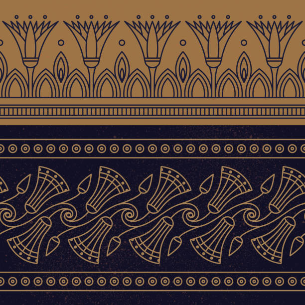 Seamless vector illustration based on the Egyptian national ornament with lotus flower Seamless vector illustration based on the Egyptian national ornament with lotus flower in a linear style on brown background. egypt stock illustrations