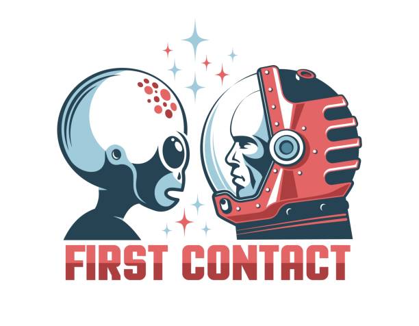 Alien and astronaut in space helmet face-to-face Alien and astronaut in space helmet face-to-face. First contact retro concept. Vintage print style illustration. alien invasion stock illustrations