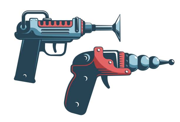 ilustrações de stock, clip art, desenhos animados e ícones de alien laser gun - blaster space weapon in vintage print style - toy gun