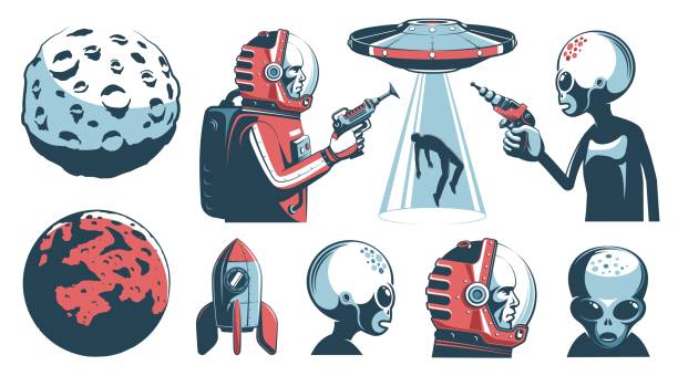 alien ufo vintage set mit astronaut und martian - surveillance history social issues horizontal stock-grafiken, -clipart, -cartoons und -symbole