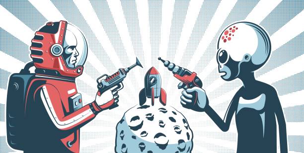 ilustrações, clipart, desenhos animados e ícones de alienígena com arma de blaster contra astronauta em traje espacial com laser - laser gun shooting space laser