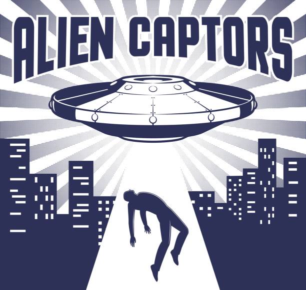 illustrazioni stock, clip art, cartoni animati e icone di tendenza di disco volante con trave rapisce uomo - alien mystery space military invasion