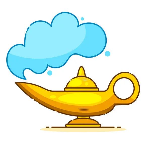 Vector illustration of Isolated Cartoon Aladin Lamp With Cloud. Vector Illustration