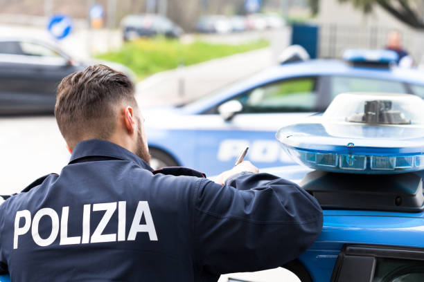 Padua, Italy - March 12, 2020 Policemen in Padua during security activity in Coronavirus emergency