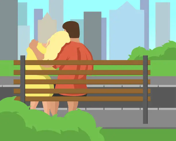 Vector illustration of Young couple sitting on bench in the park