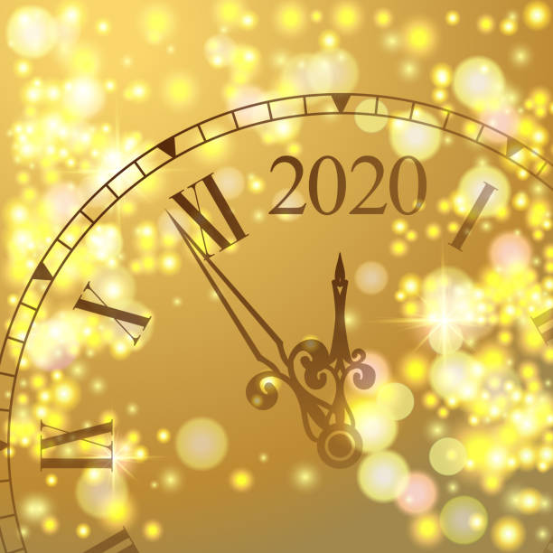 istock Happy New Year 2020 clock with a Roman dial a few minutes until midnight 2020. Merry Christmas greeting card in abstract shining gold background with glow vector illustration. 1212598441