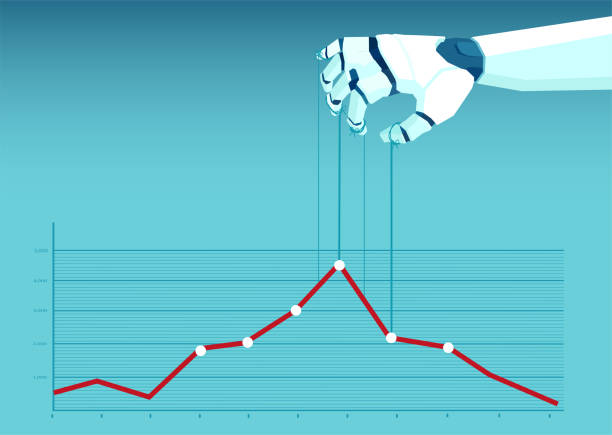 Vector of a robot hand a puppet master controlling market financial graphic chart Vector of a robot hand a puppet master controlling market financial graphic chart hedge fund stock illustrations