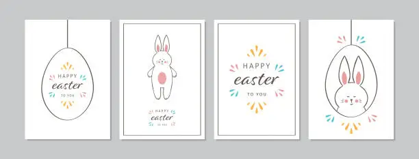Vector illustration of Easter cards set with hand drawn sweet rabbits, egg and butterflies. Doodles and sketches vector vintage illustrations, DIN A6