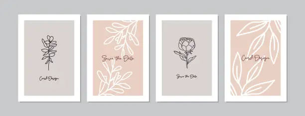 Vector illustration of Cards set with hand drawn flowers and leaves. Doodles and sketches vector vintage illustrations, DIN A6