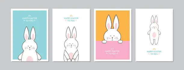 Vector illustration of Easter cards set with hand drawn sweet rabbits and greetings. Doodles and sketches vector vintage illustrations, DIN A6