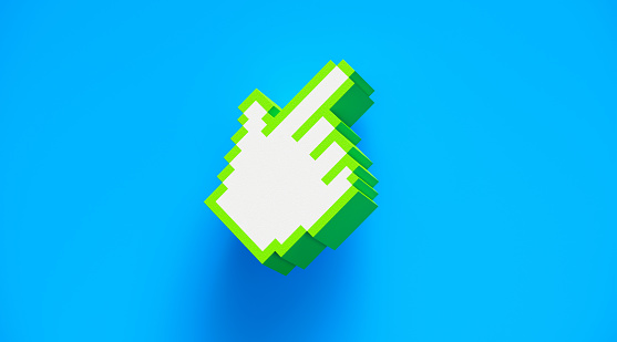 Pixelated hand shaped green and white computer cursor on blue background. Horizontal composition with copy space.