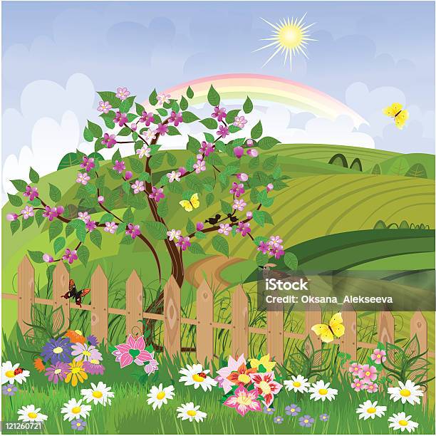 Весна Цветущие Дерево — стоковая векторная графика и другие изображения на тему Бабочка - Бабочка, Без людей, Божья коровка
