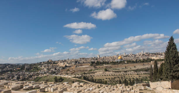 panorama surplombant la vieille ville de jérusalem, y compris le dôme du rocher et le mur occidental. pris du mont des oliviers. - middle the western wall jerusalem israel photos et images de collection