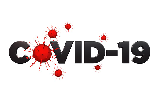 COVID-19 text and red viruses on white background, Horizontal composition with clipping path and copy space. Health and COVID-19 concept.