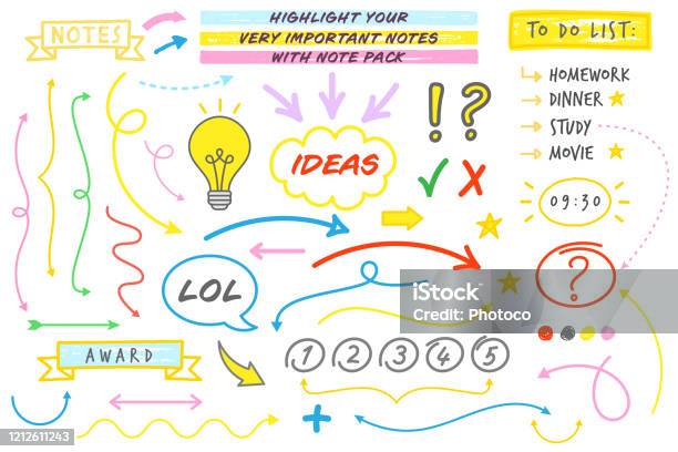 Doddle Style Note Taking Vector Set Stock Illustration - Download Image Now - Highlighter, Arrow Symbol, Vector