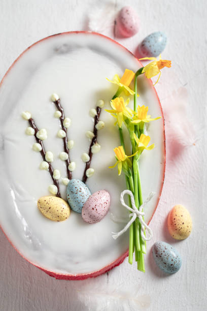 istock Sweet easter Cheesecake in the shape of an egg 1212612145