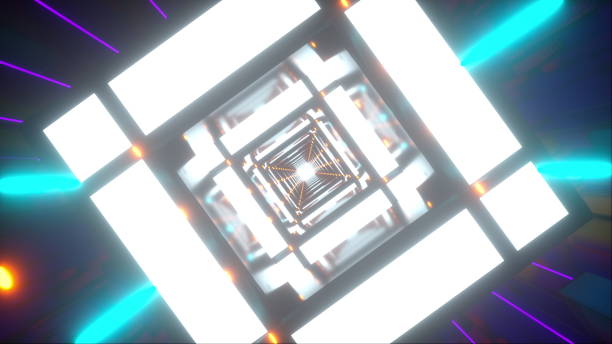 istock Computer generated technology neon tunnel. Teleport in the future. 3d rendering abstract background. Inside a rotating square corridor 1212613857