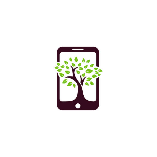 illustrazioni stock, clip art, cartoni animati e icone di tendenza di il logo green phone disegna il vettore, il modello di logo green technology - green tree monitor