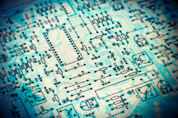 Electronic paper schematic diagram of retro television. Shallow Depth of Field. SDF.