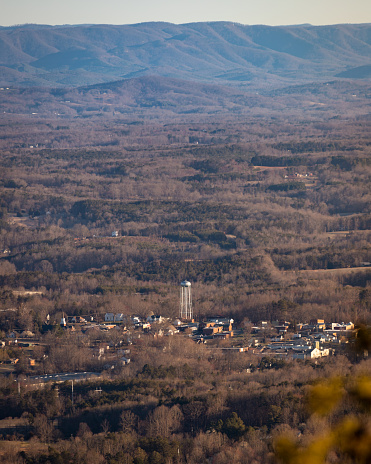 View of the town of Pilot Mountain, North Carolina from Pilot Mountain Knob on a winter sunrise.