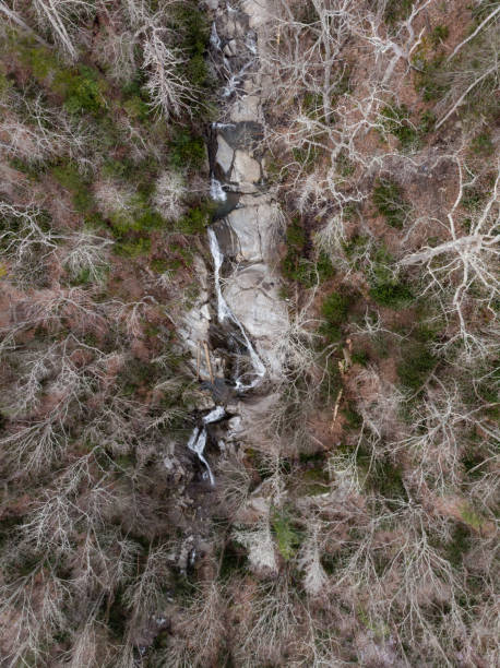 vista aérea de um córrego nas montanhas da carolina do norte no inverno - blue ridge mountains stream forest waterfall - fotografias e filmes do acervo