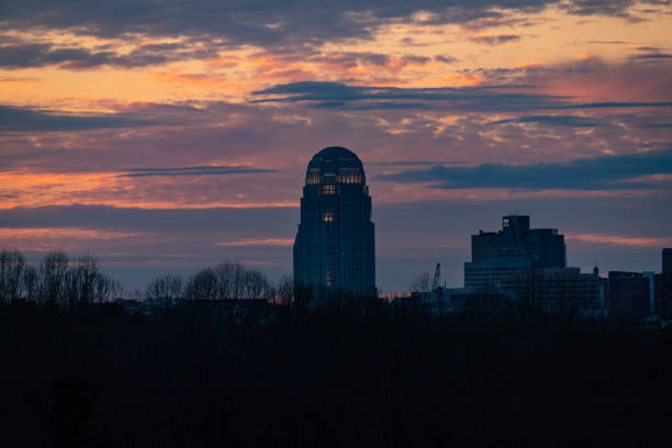 Downtown Winston-Salem, North Carolina skyline at sunset in winter.
