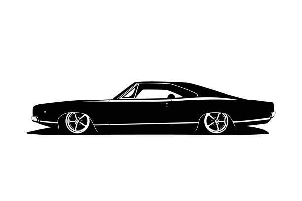 Classic tuning car with big wheels, power motor and low cars compilation. American gangsta style black white flat vector design. Classic tuning car with big wheels, power motor and low cars compilation. American gangsta style black white flat vector design. Symbol vehicle for print or web icon. gangster rap stock illustrations