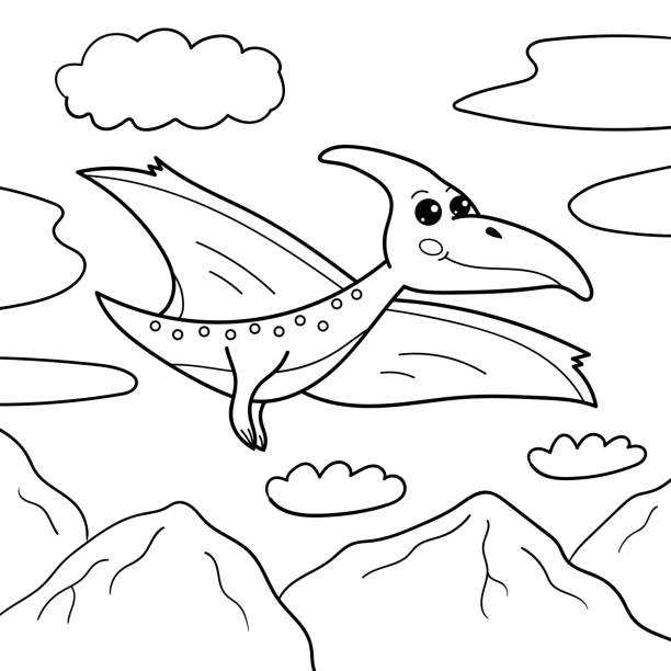 ilustraciones, imágenes clip art, dibujos animados e iconos de stock de página para colorear para niños. bonita caricatura pterodactyl. - drawn learn dinosaur