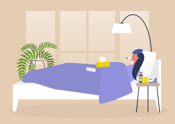 ilustrações de stock, clip art, desenhos animados e ícones de young female sick character resting in bed, bedroom interior, quarantine, medical treatment - bed bedroom cartoon furniture