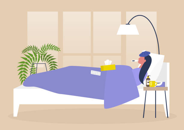 Young female sick character resting in bed, bedroom interior, quarantine, medical treatment Young female sick character resting in bed, bedroom interior, quarantine, medical treatment bedroom stock illustrations