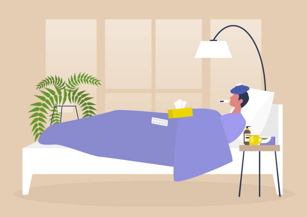 Young male sick character resting in bed, bedroom interior, quarantine, medical treatment Young male sick character resting in bed, bedroom interior, quarantine, medical treatment resting illustrations stock illustrations