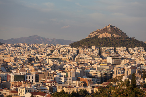 This is a photograph of sunset over Athens, Greece.