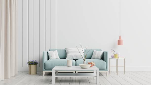 istock Bright and cozy modern living room interior have sofa and lamp with white wall background. 1212633193