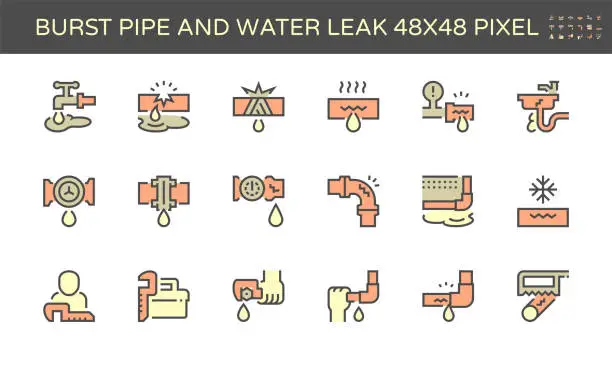 Vector illustration of Burst pipe and water leak vector icon set design, 48X48 pixel perfect and editable stroke.