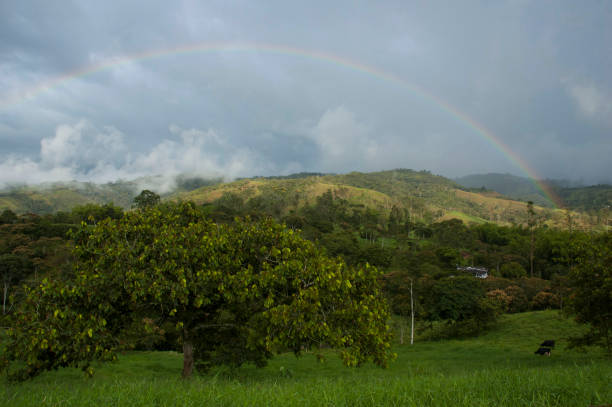 istock Beautiful mountainous landscape with rainbows. 1212639004