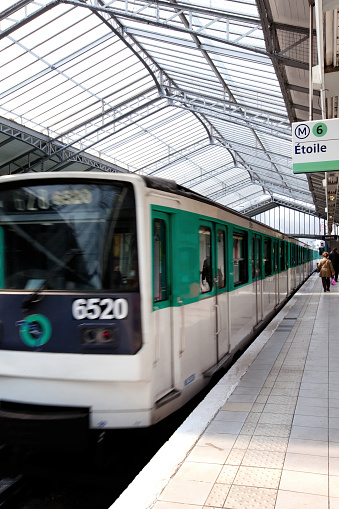 Train departing Dupleix Metro station, Paris, France, Europe