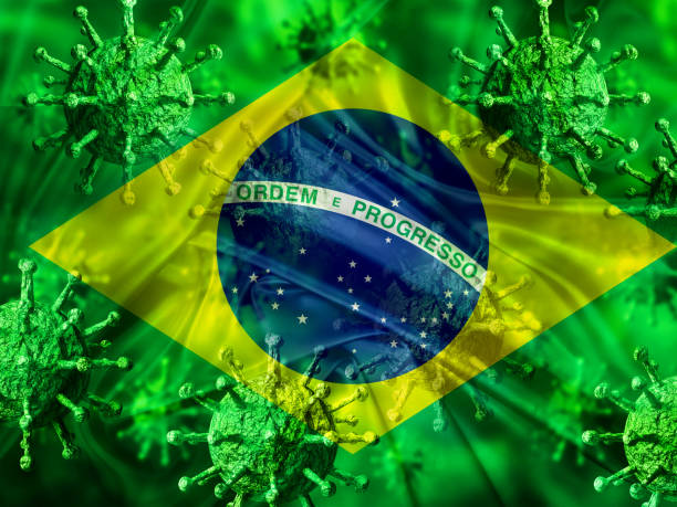 enfermedad de la enfermedad de 19 causada por el coronavirus que contamina a brasil. bandera nacional ondeando con virus. - flag brazil brazilian flag dirty fotografías e imágenes de stock