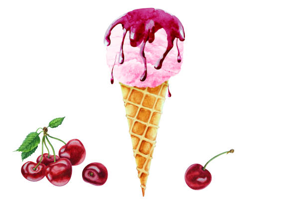 Cherry ice cream with syrup in a waffle cone and ripe cherries, hand drawn watercolor illustration.