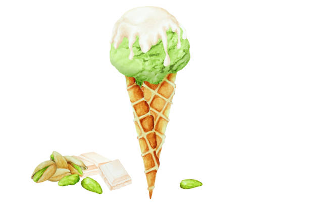 Pistachio ice cream with a white chocolate in a waffle cone, hand drawn watercolor illustration.