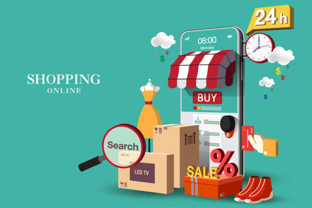 online-shopping auf mobiler anwendung im grünen hintergrundkonzept - online shopping stock-grafiken, -clipart, -cartoons und -symbole