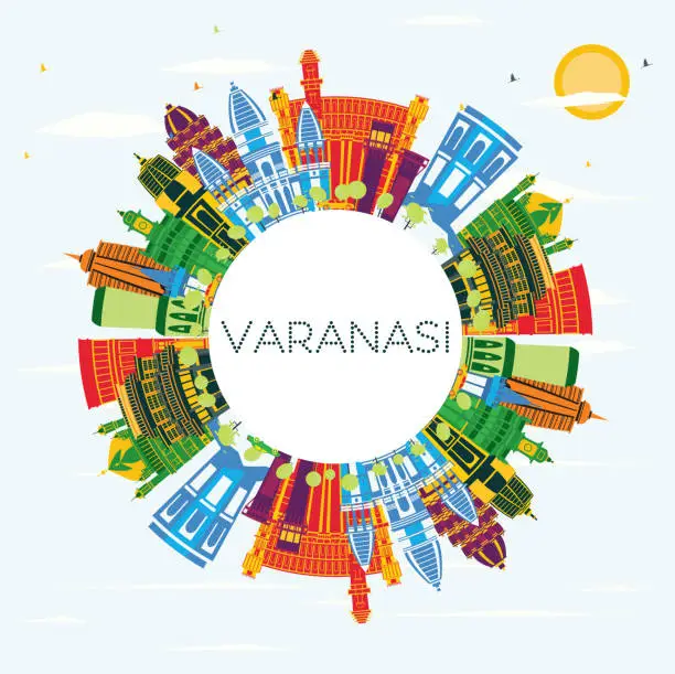 Vector illustration of Varanasi India City Skyline with Color Buildings, Blue Sky and Copy Space.