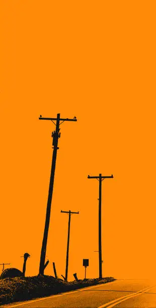 Three telephone poles along a road with a orange background.